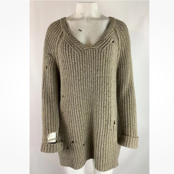 Wildfox Sz L Chunky Oversized Hole Distressed Sweater Brown Acrylic Wool - Picture 1 of 6